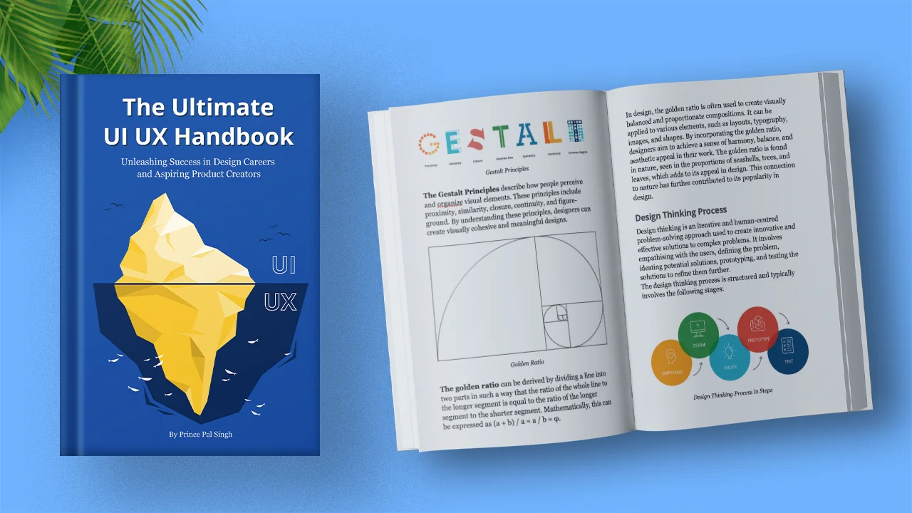 The Ultimate UI UX Handbook — book cover and inside spread, by Prince Pal Singh