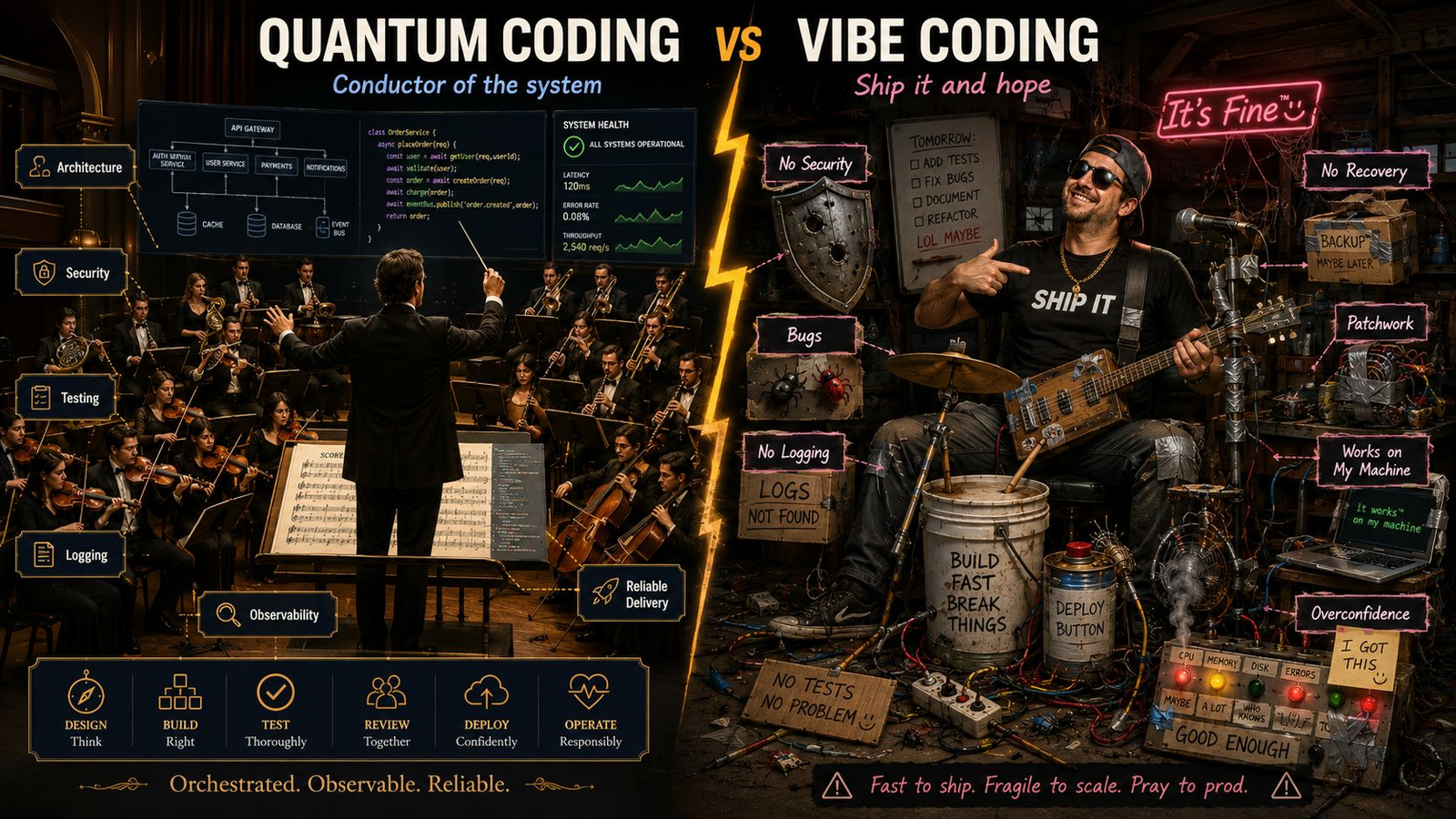 Quantum coding vs vibe coding illustration